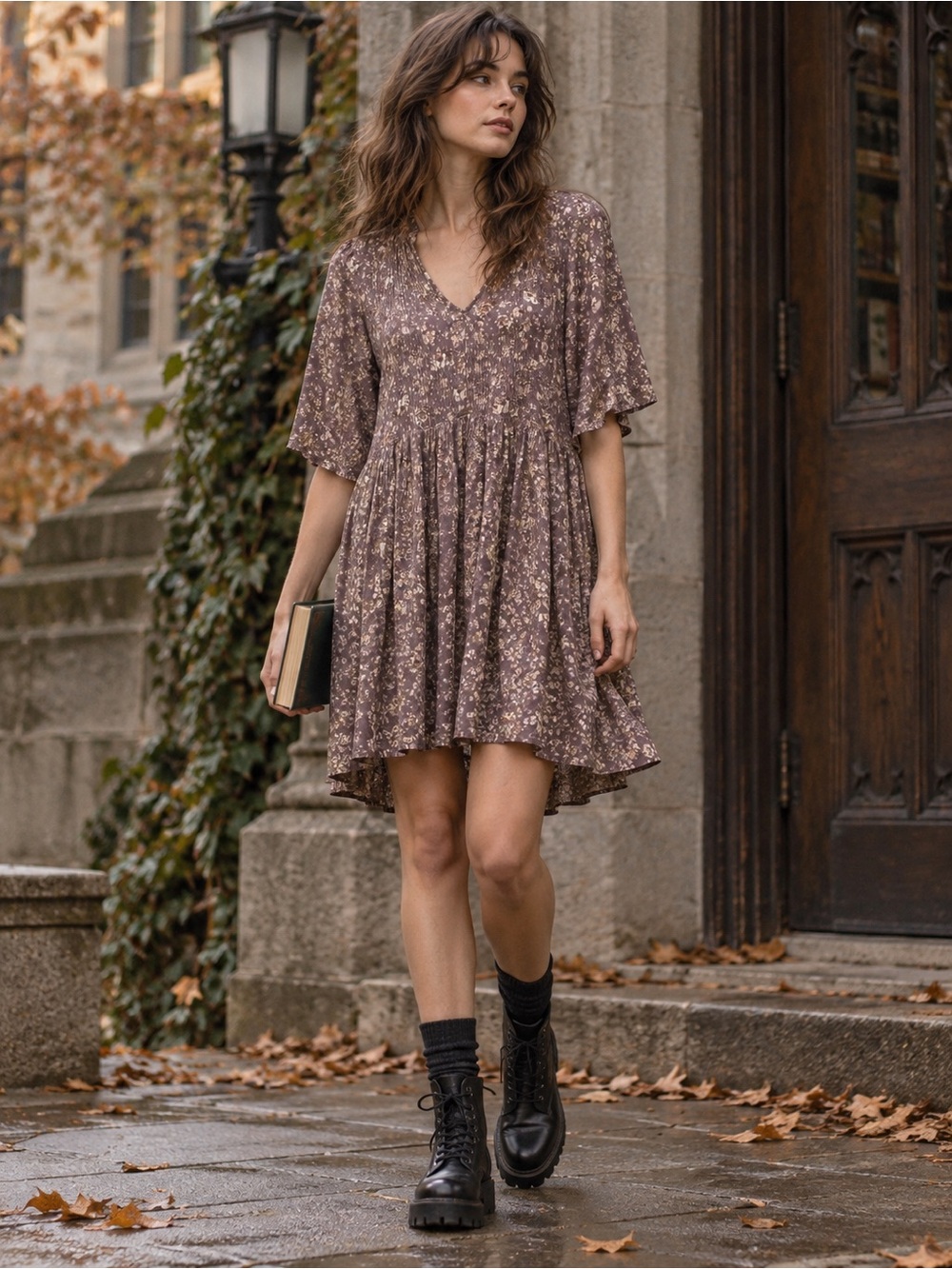 Lyn Burches Mauve Floral V-Neck Pintuck Babydoll Grunge Dress